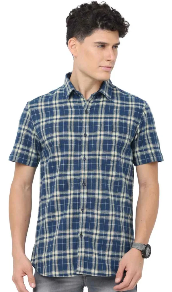 Indigo Peacock Checks Cotton Linen Shirts